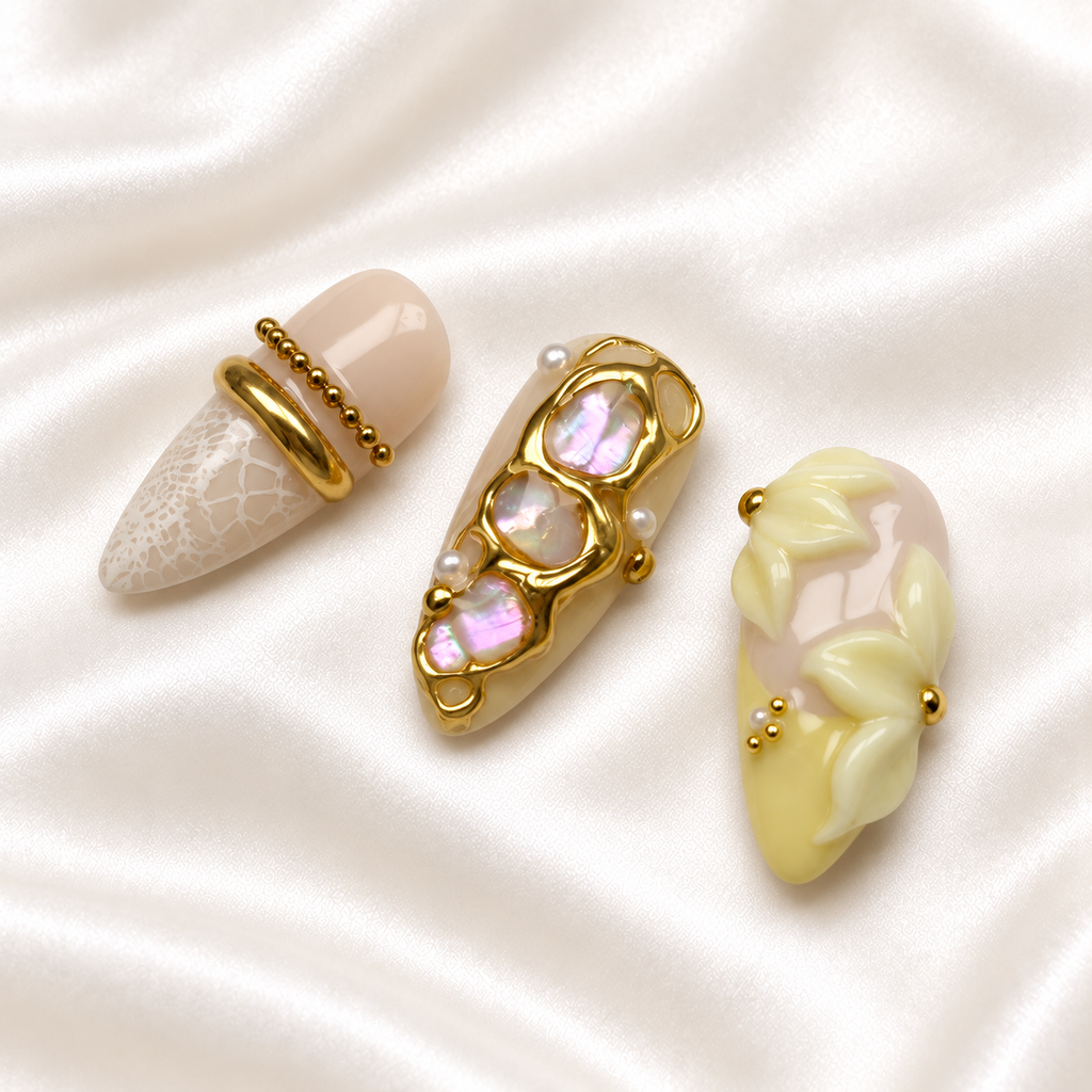 Citron Muse - Soft yellow floral press-on nails with sculpted petals and gold-tone accents, detail view