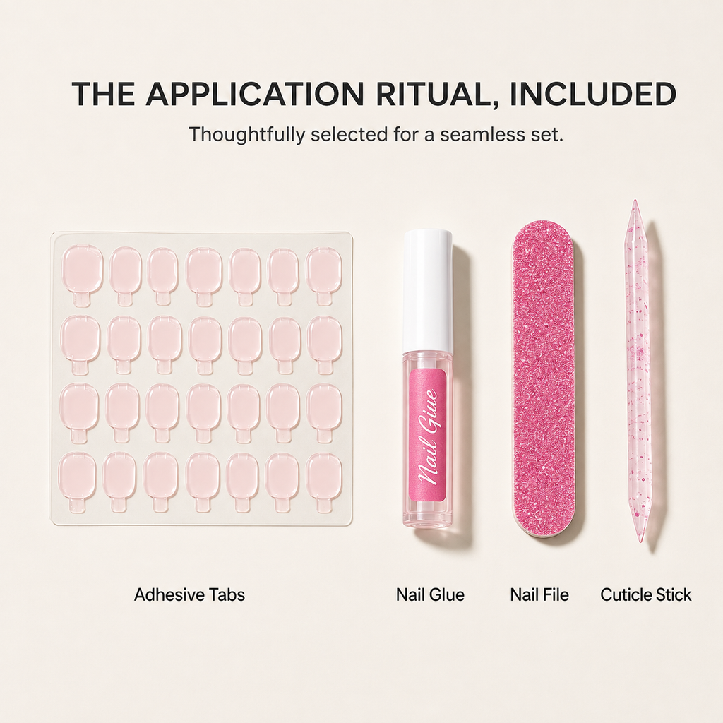 The application ritual, included — adhesive tabs, nail glue, nail file and cuticle stick