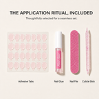 The application ritual, included — adhesive tabs, nail glue, nail file and cuticle stick