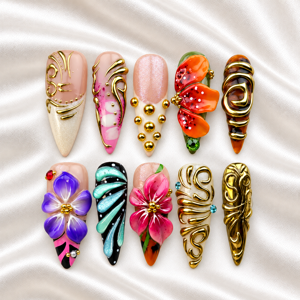 Gilded Botanica press-on nails - Vivid sculpted flowers and ornate gold-tone swirls - full set